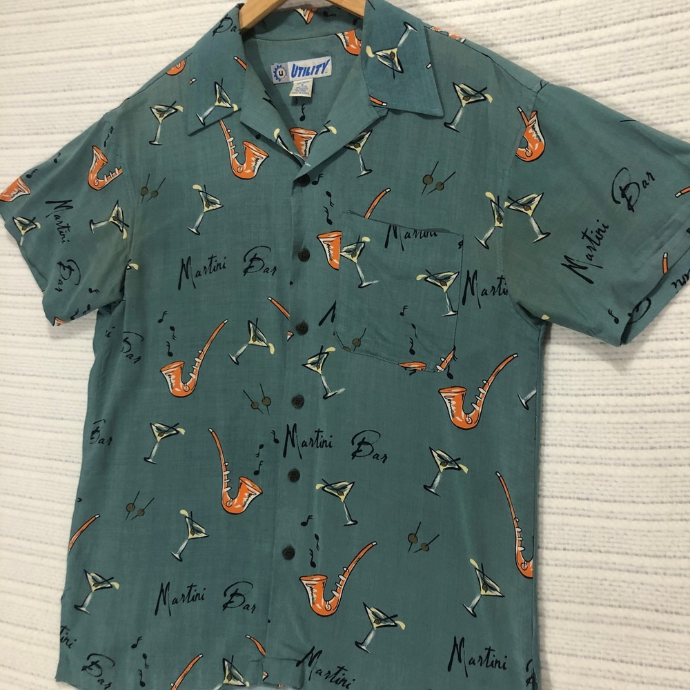 Utility Martini Bar Jazz Lounge Saxophone Print‎ Button Up Shirt Mens Small